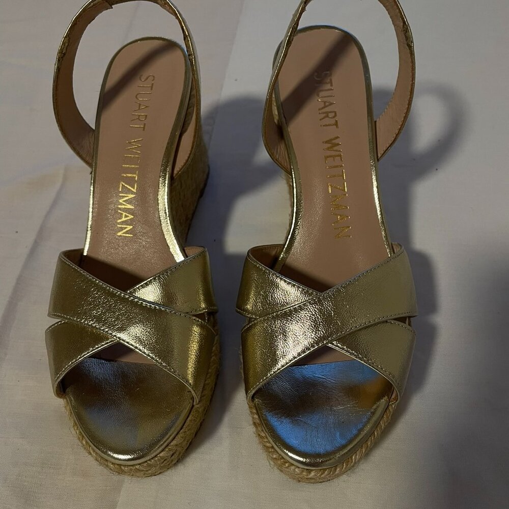 Stuart Weitzman Gold Rosemarie Leather Platform Espadrille Sandals WORN ONCE